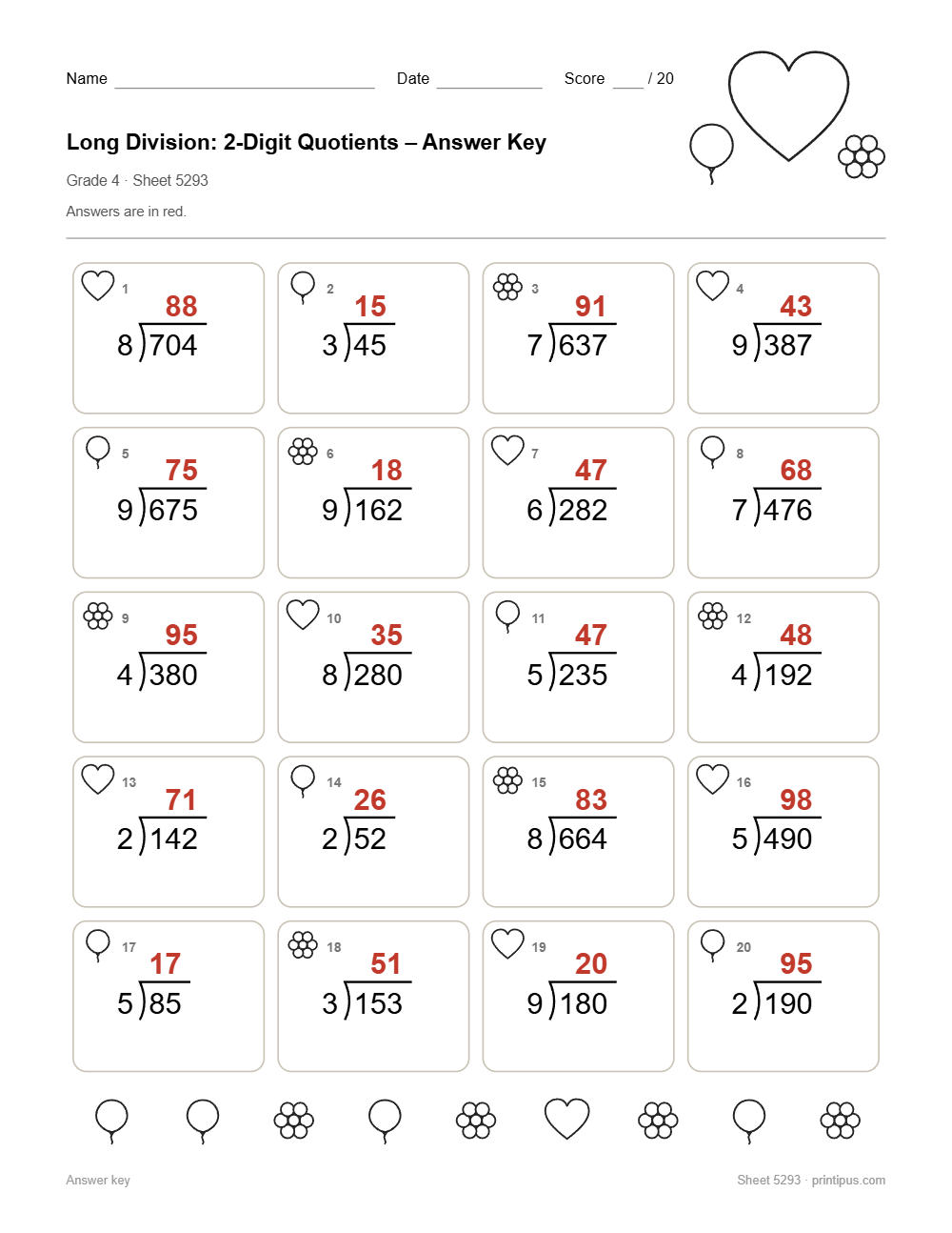Long Division: 2-Digit Quotients Worksheet for 4th Grade answer key