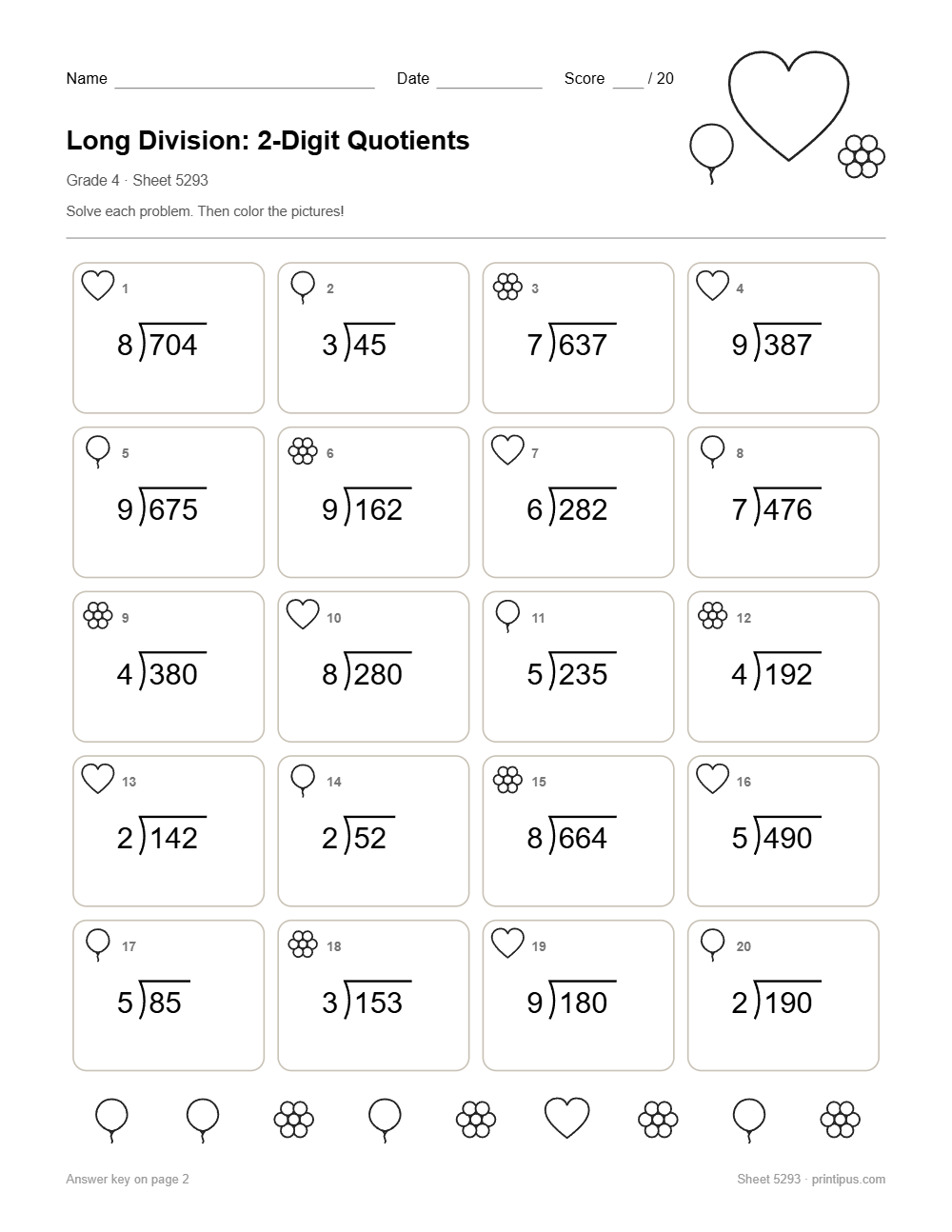Long Division: 2-Digit Quotients Worksheet for 4th Grade