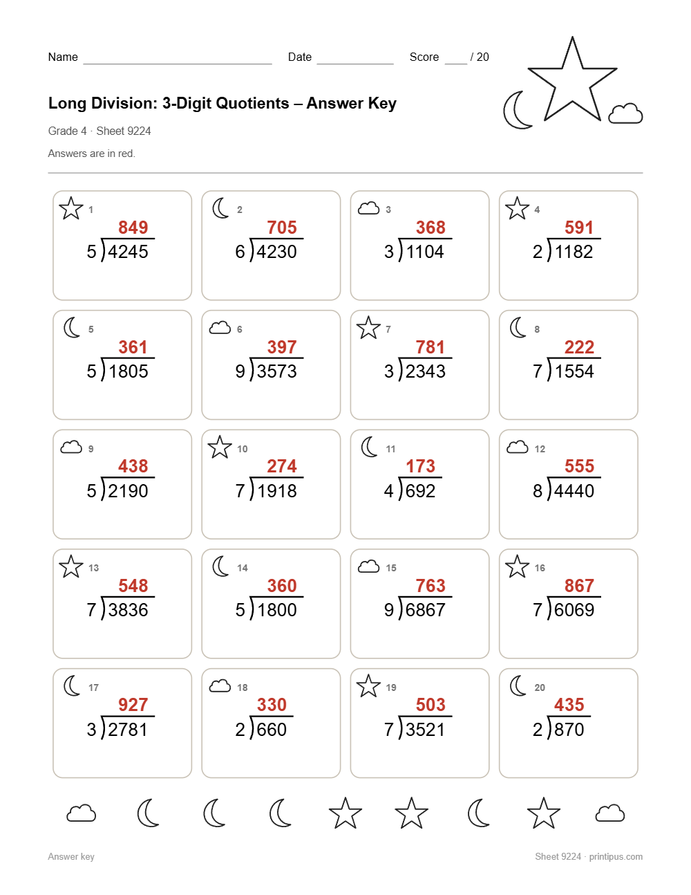 Long Division: 3-Digit Quotients Worksheet for 4th Grade answer key