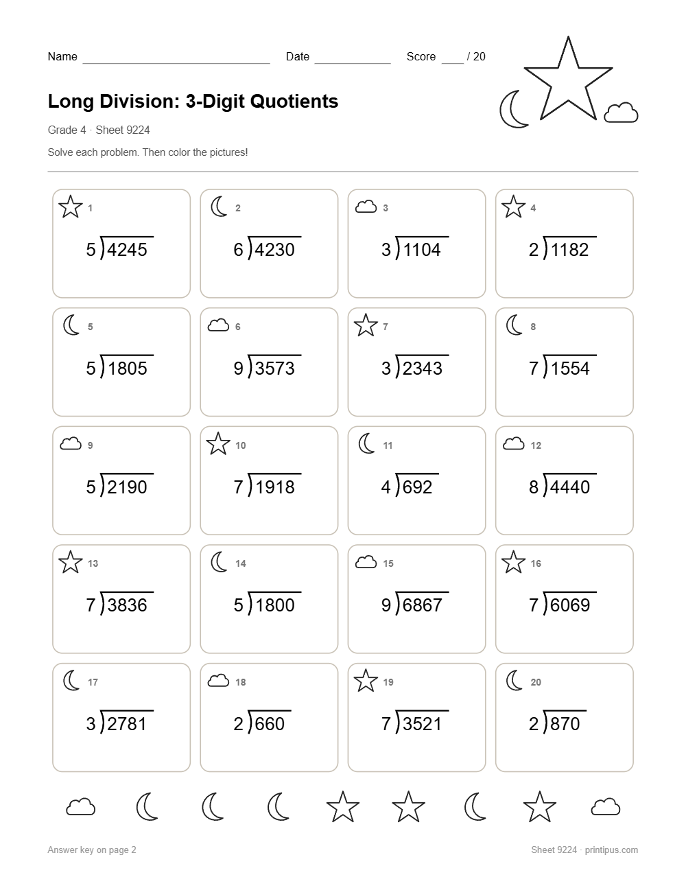 Long Division: 3-Digit Quotients Worksheet for 4th Grade