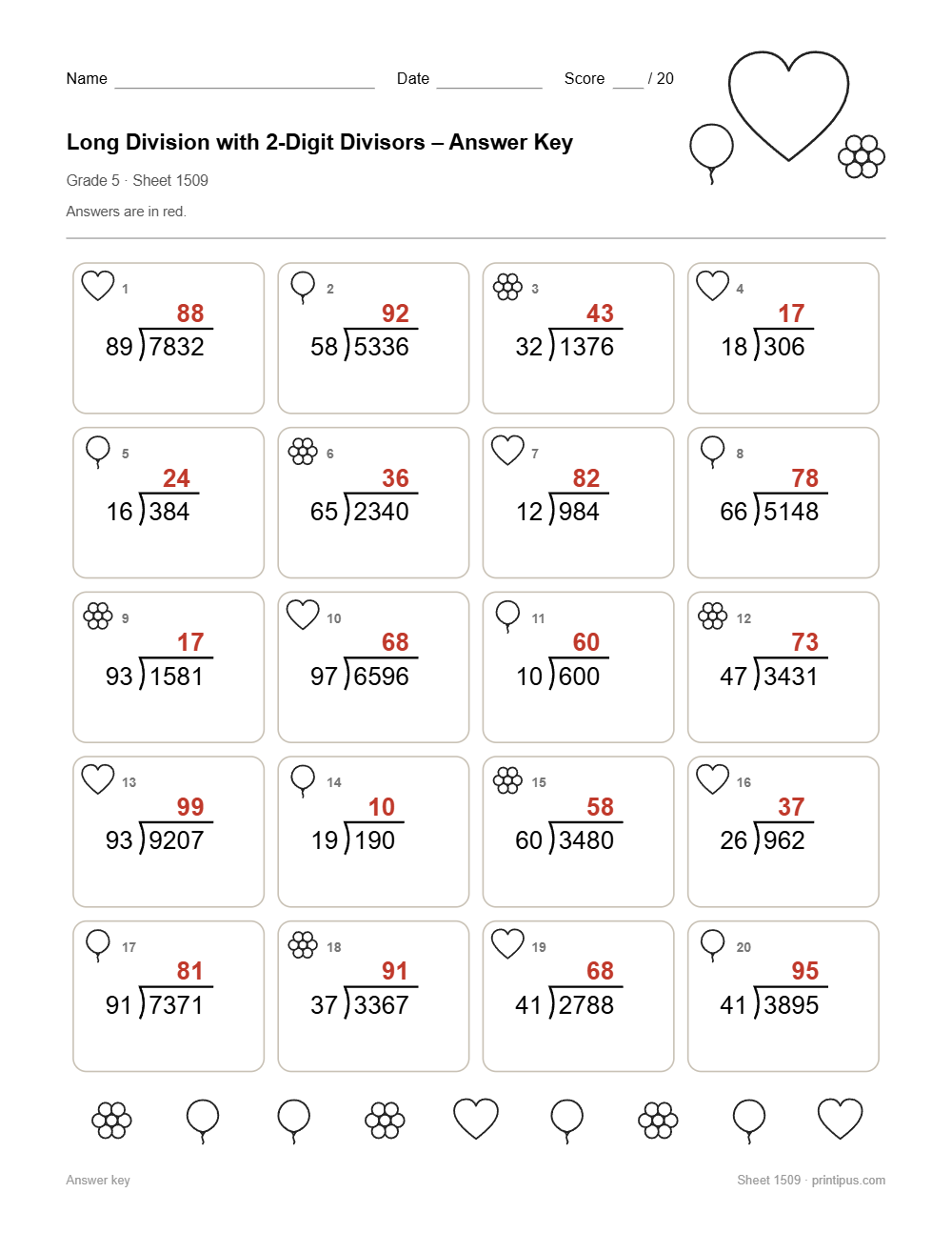 Long Division with 2-Digit Divisors Worksheet for 5th Grade answer key