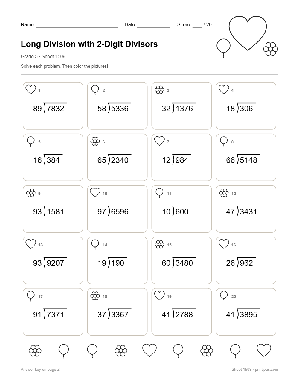 Long Division with 2-Digit Divisors Worksheet for 5th Grade