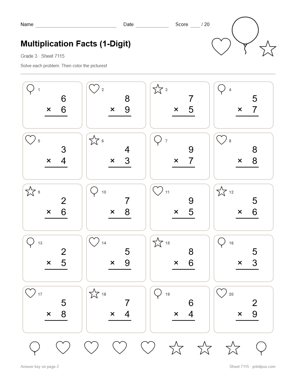 Multiplication Facts (1-Digit) Worksheet for 3rd Grade