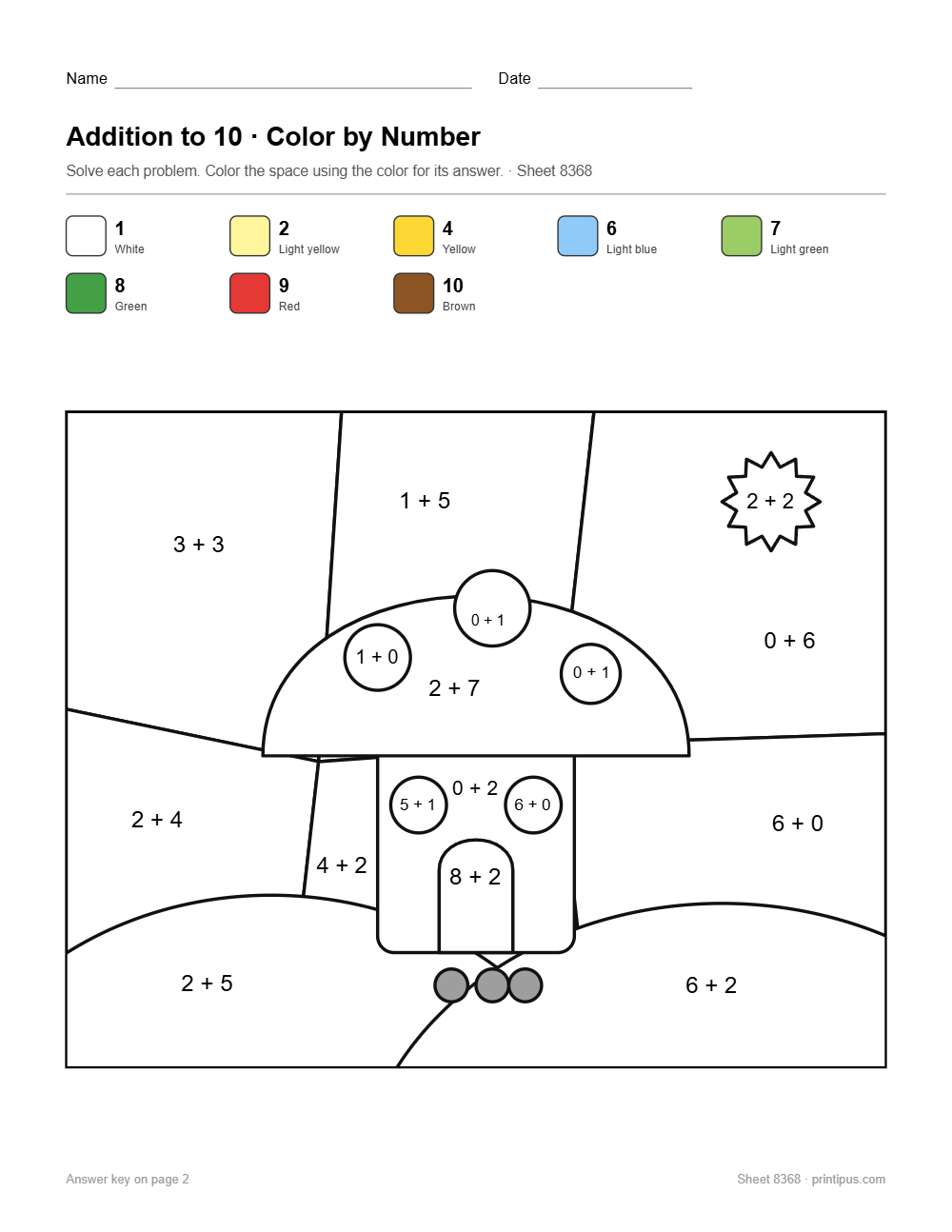 Mushroom House Addition to 10 Color-by-Number Worksheet