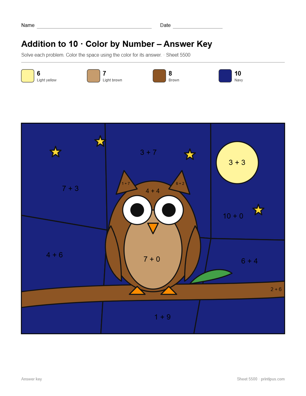 Night Owl Addition to 10 Color-by-Number Worksheet answer key