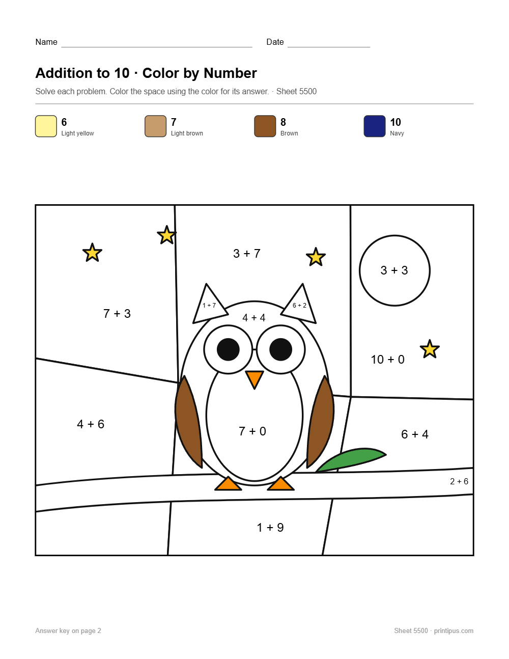 Night Owl Addition to 10 Color-by-Number Worksheet
