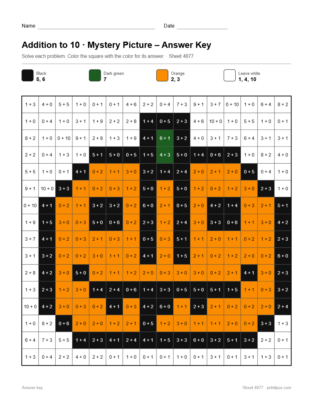 Pumpkin Mystery Picture Worksheet (Addition to 10)