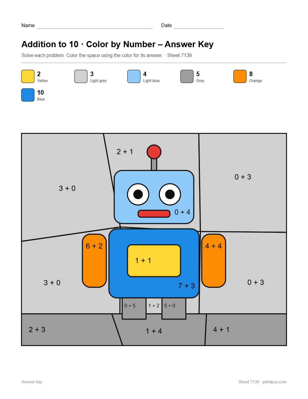 Robot Addition to 10 Color-by-Number Worksheet answer key