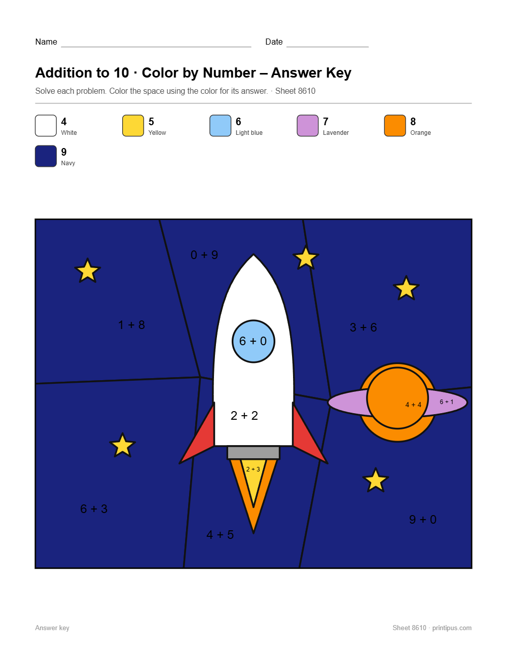 Rocket Addition to 10 Color-by-Number Worksheet answer key