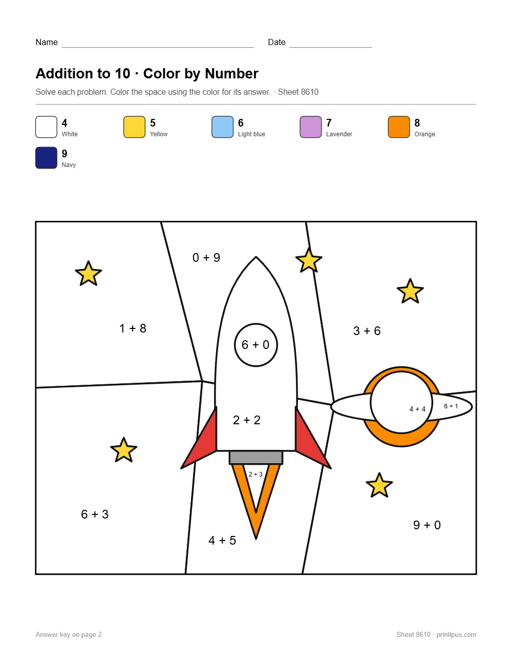 Rocket Addition to 10 Color-by-Number Worksheet
