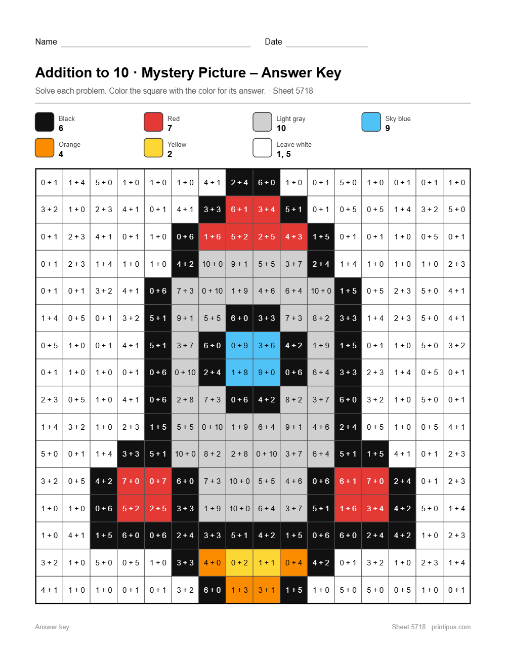 Rocket Mystery Picture Worksheet (Addition to 10)