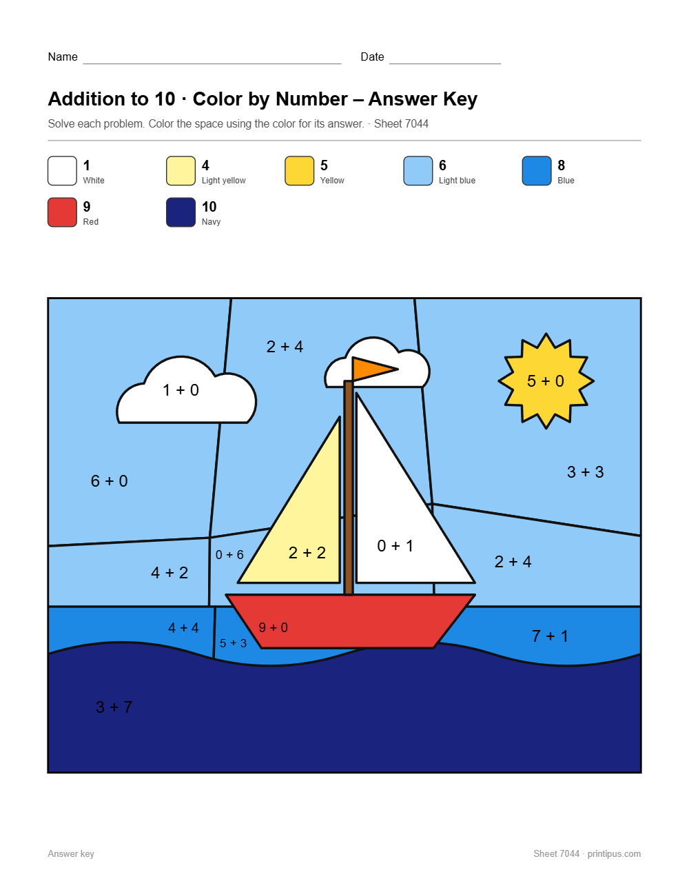 Sailboat Addition to 10 Color-by-Number Worksheet answer key