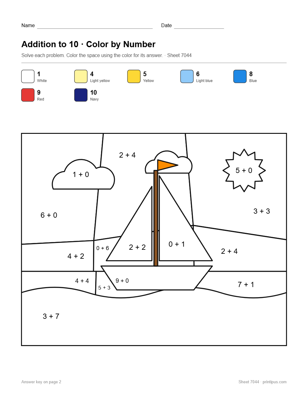 Sailboat Addition to 10 Color-by-Number Worksheet