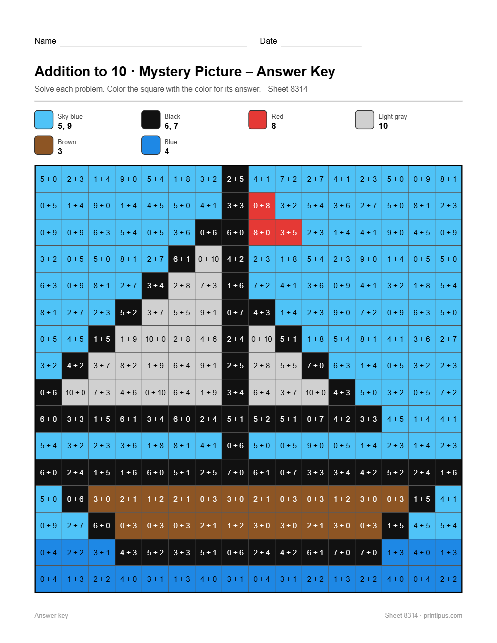 Sailboat Mystery Picture Worksheet (Addition to 10)