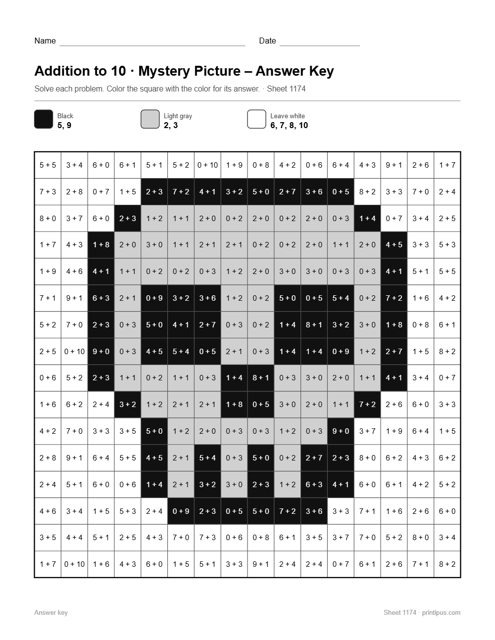 Skull Mystery Picture Worksheet (Addition to 10)