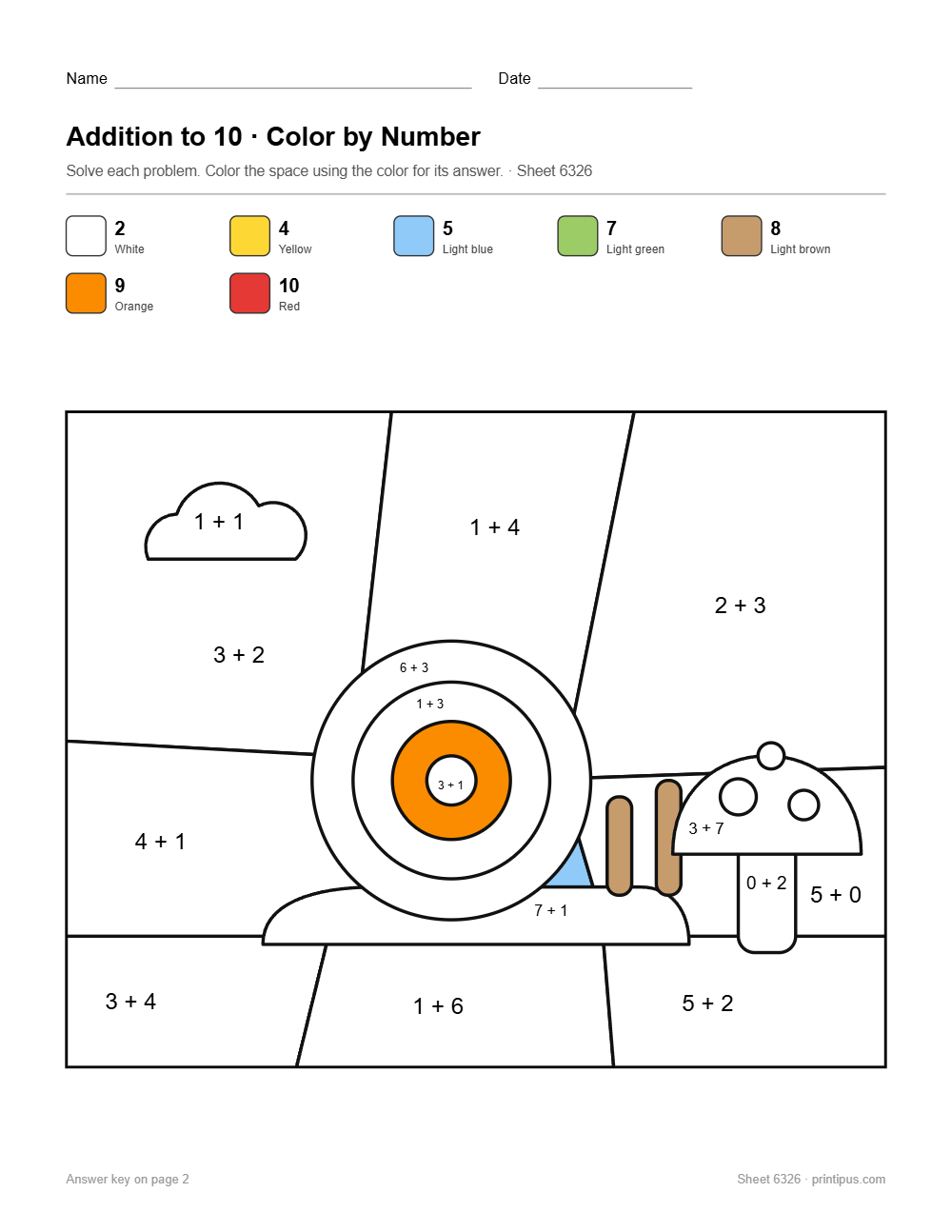 Snail and Mushroom Addition to 10 Color-by-Number Worksheet