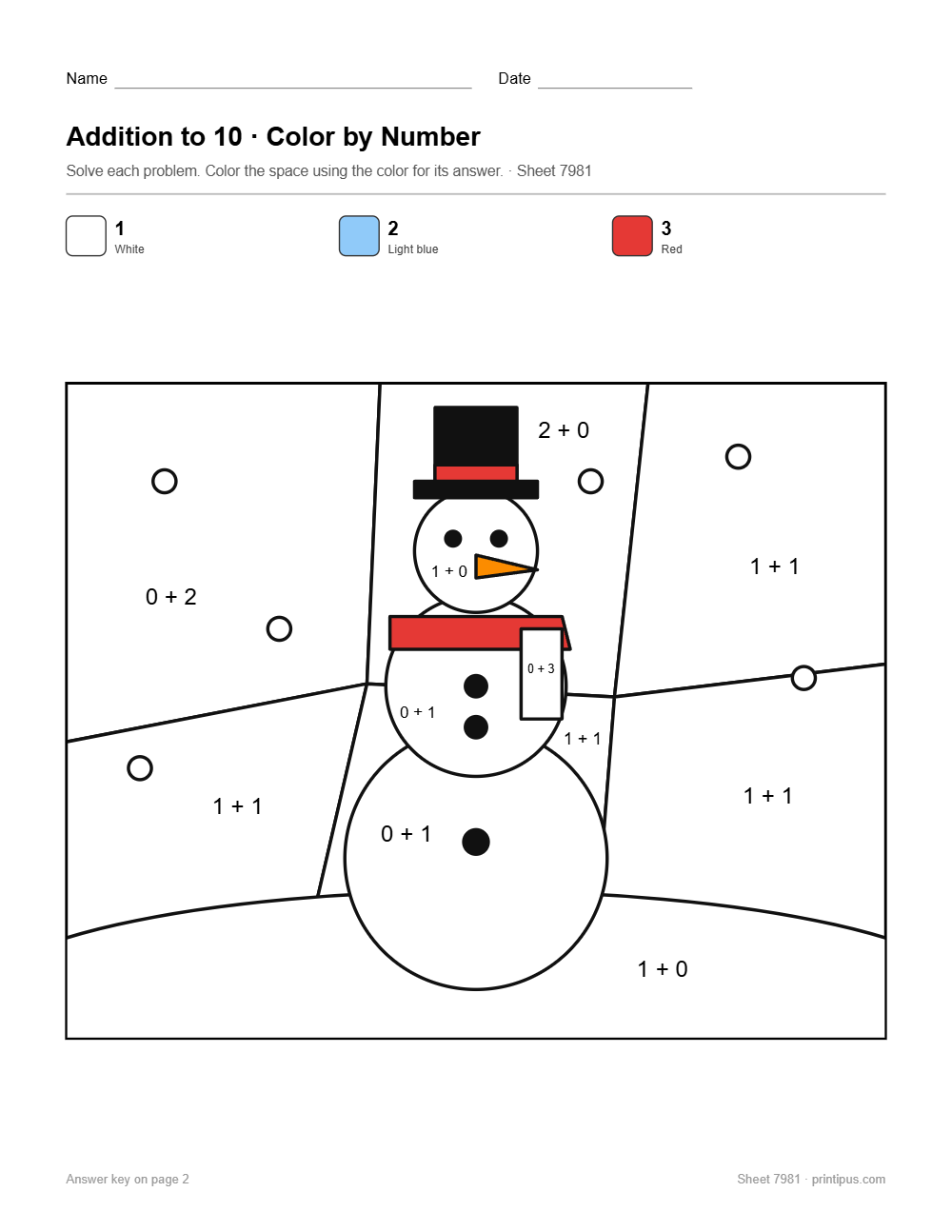 Snowman Addition to 10 Color-by-Number Worksheet