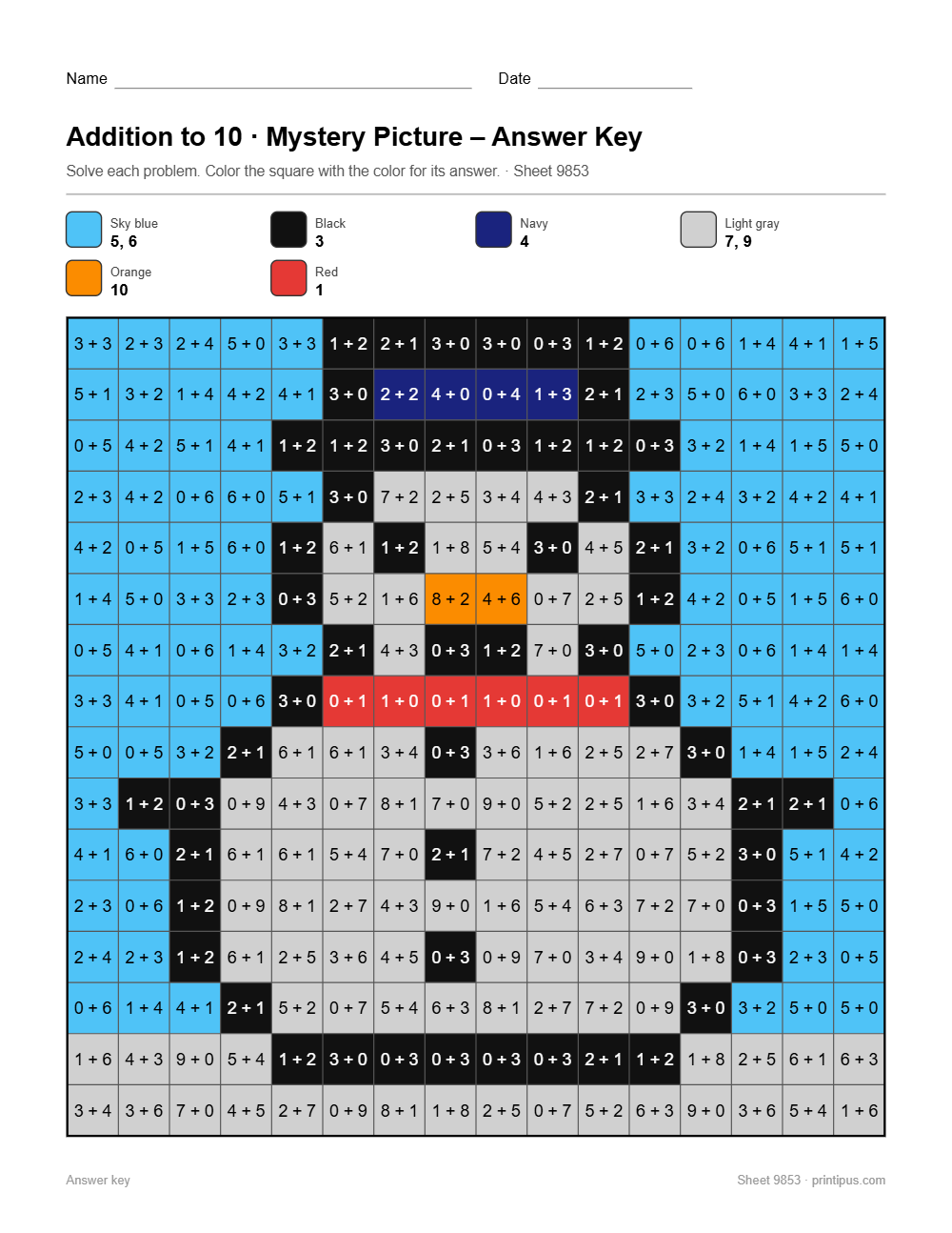 Snowman Mystery Picture Worksheet (Addition to 10)
