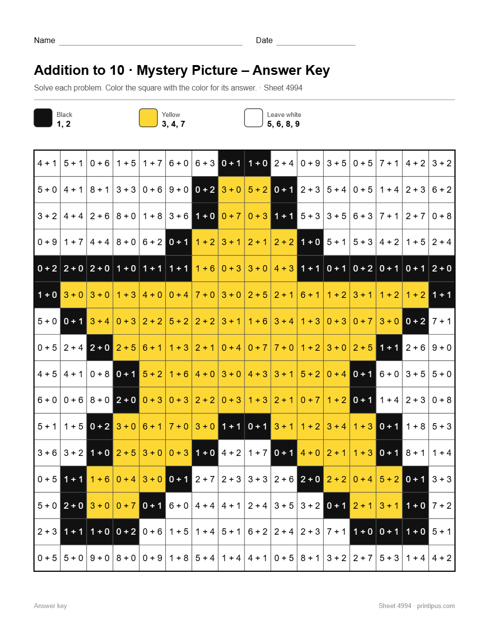 Star Mystery Picture Worksheet (Addition to 10)