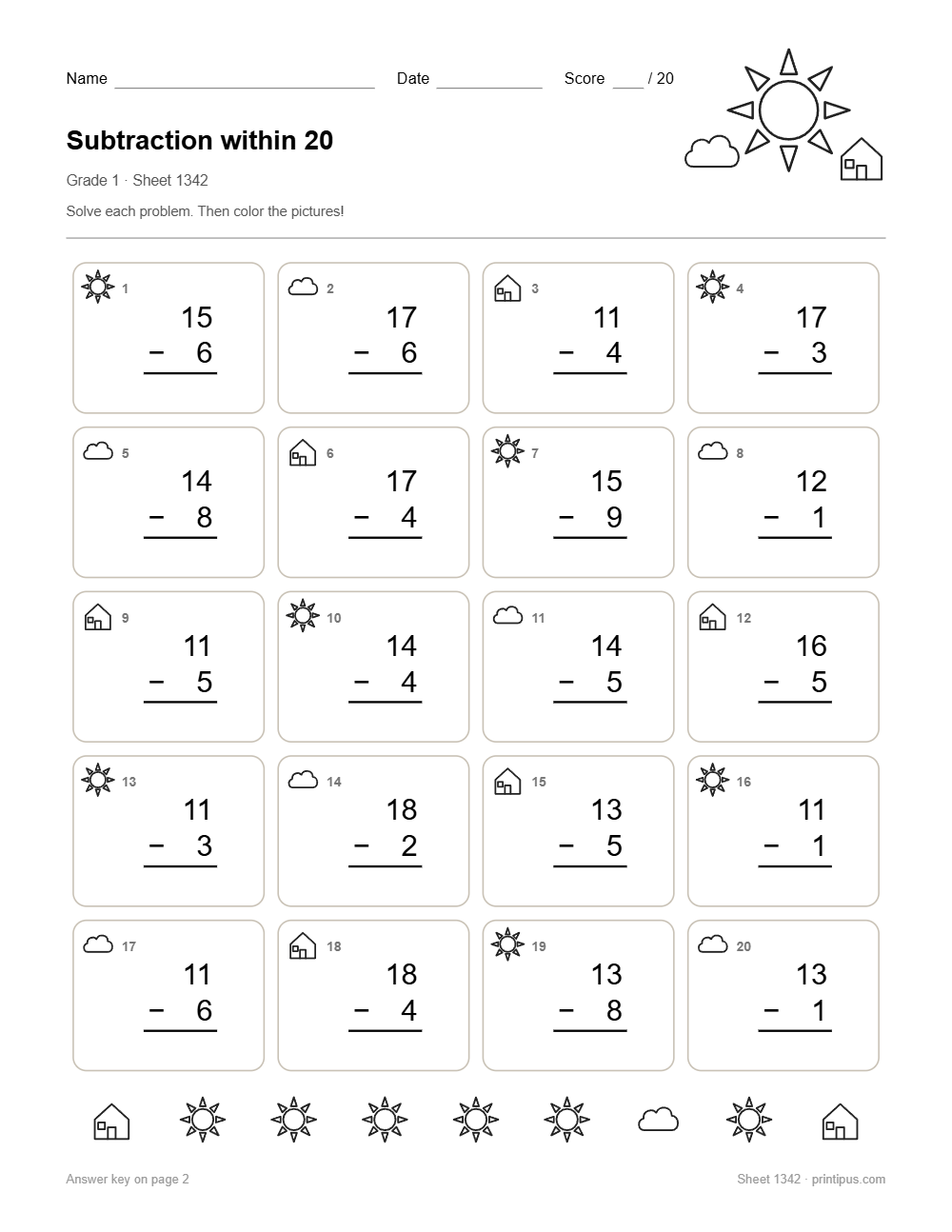 Subtraction within 20 Worksheet for 1st Grade