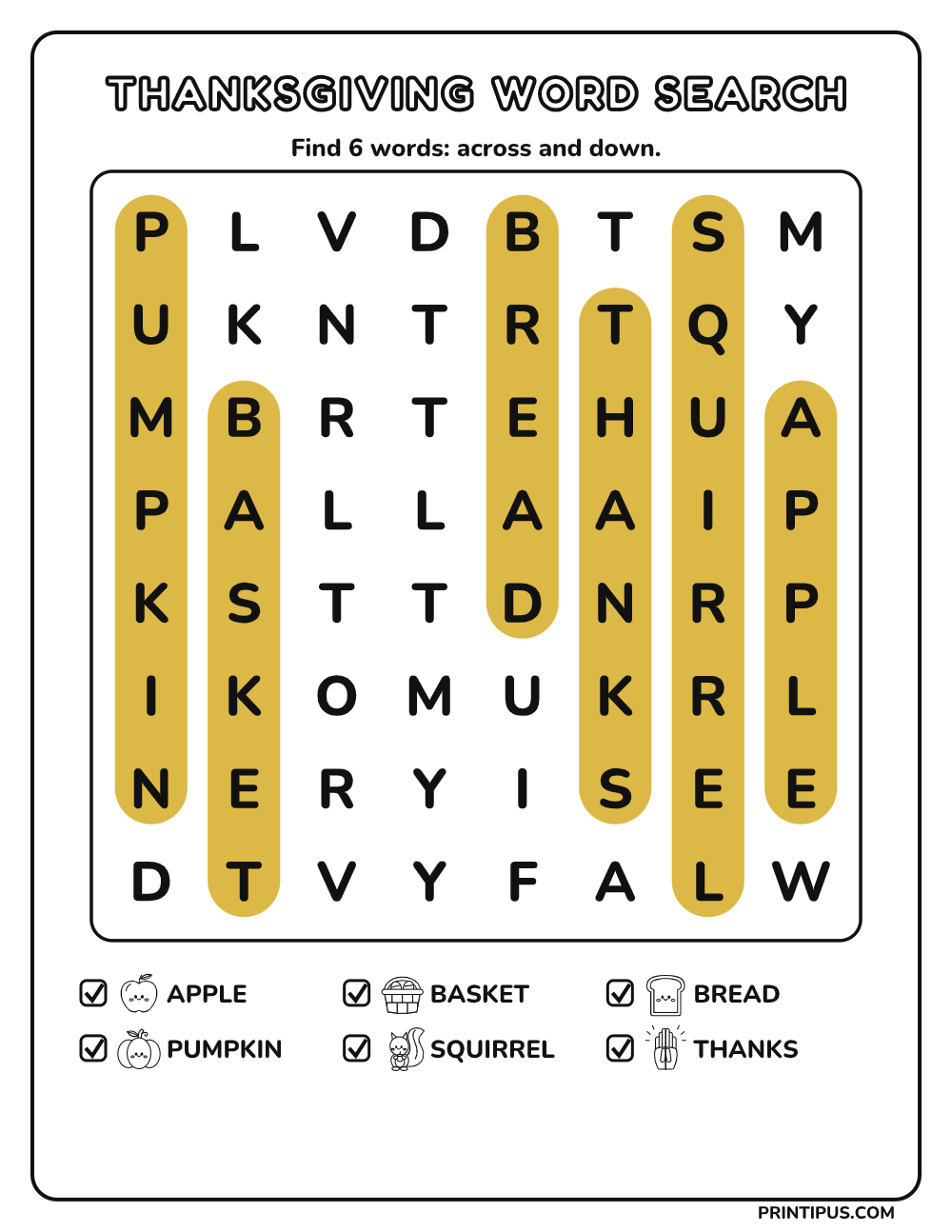 Thanksgiving Word Search Puzzle for Kids – Easy answer key