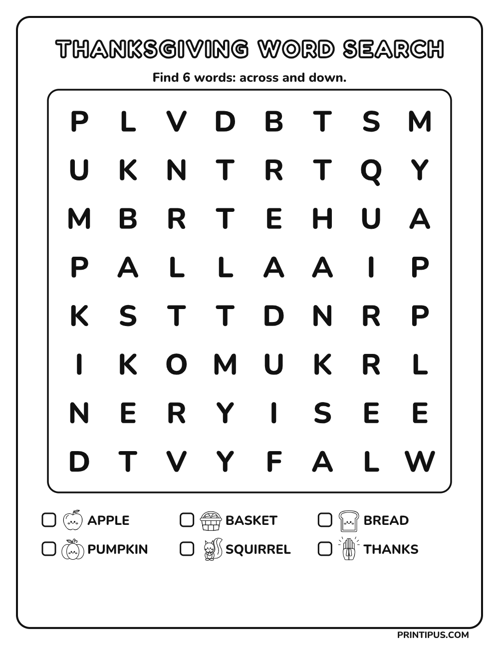 Thanksgiving Word Search Puzzle for Kids – Easy