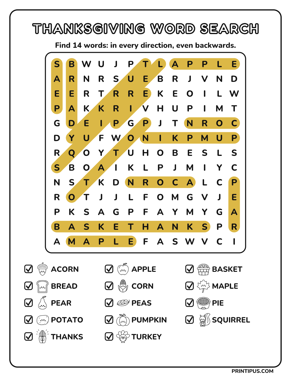Thanksgiving Word Search Puzzle for Kids – Hard answer key