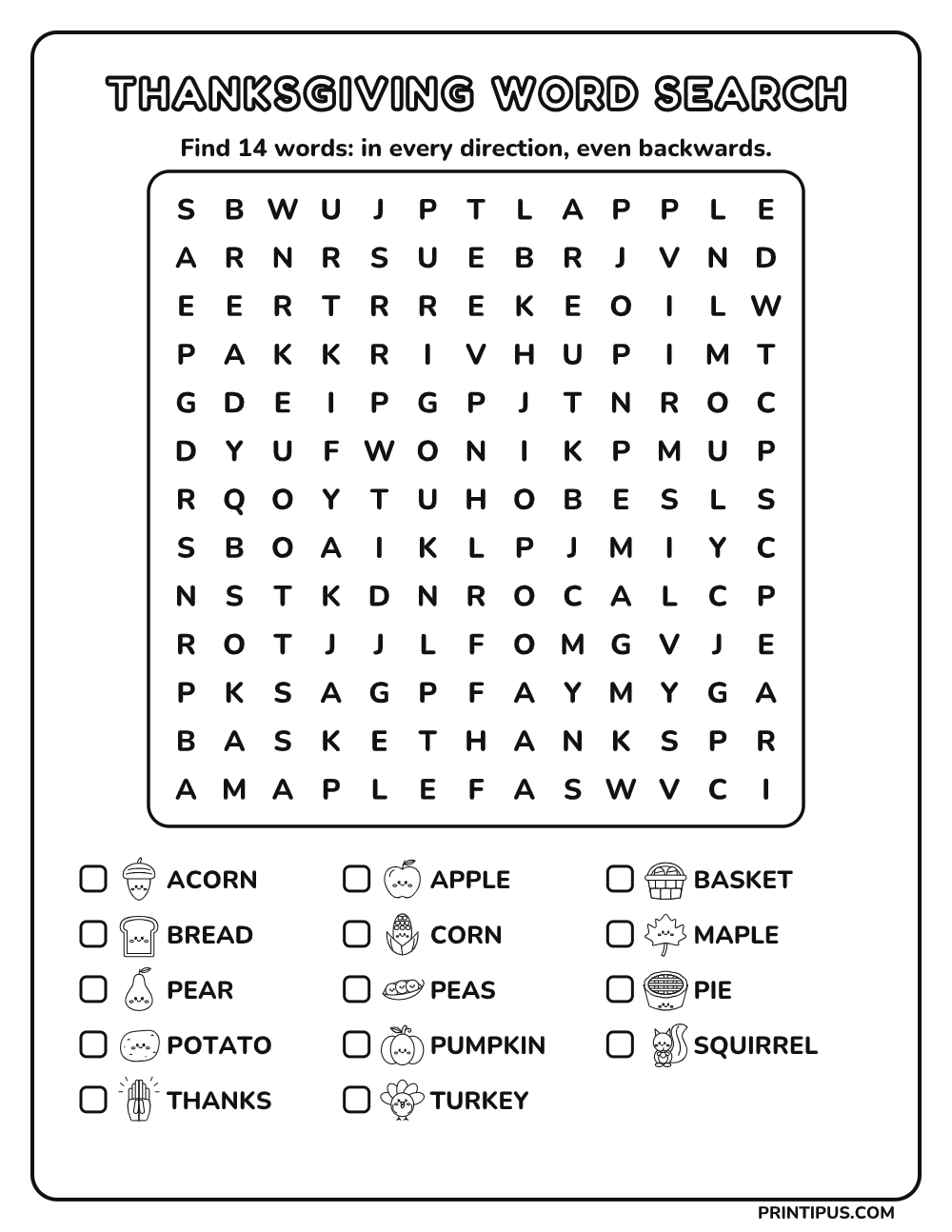 Thanksgiving Word Search Puzzle for Kids – Hard