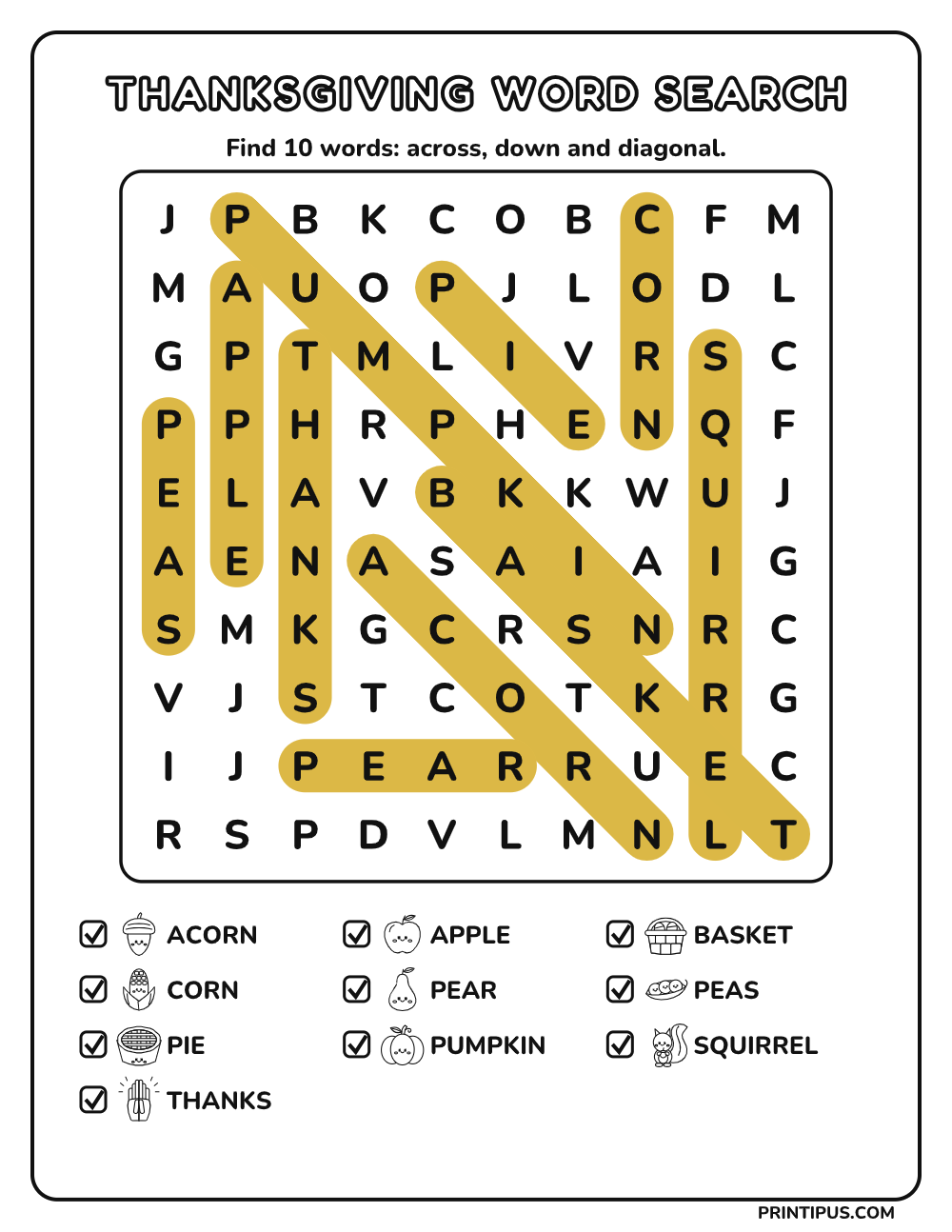 Thanksgiving Word Search Puzzle for Kids – Medium answer key