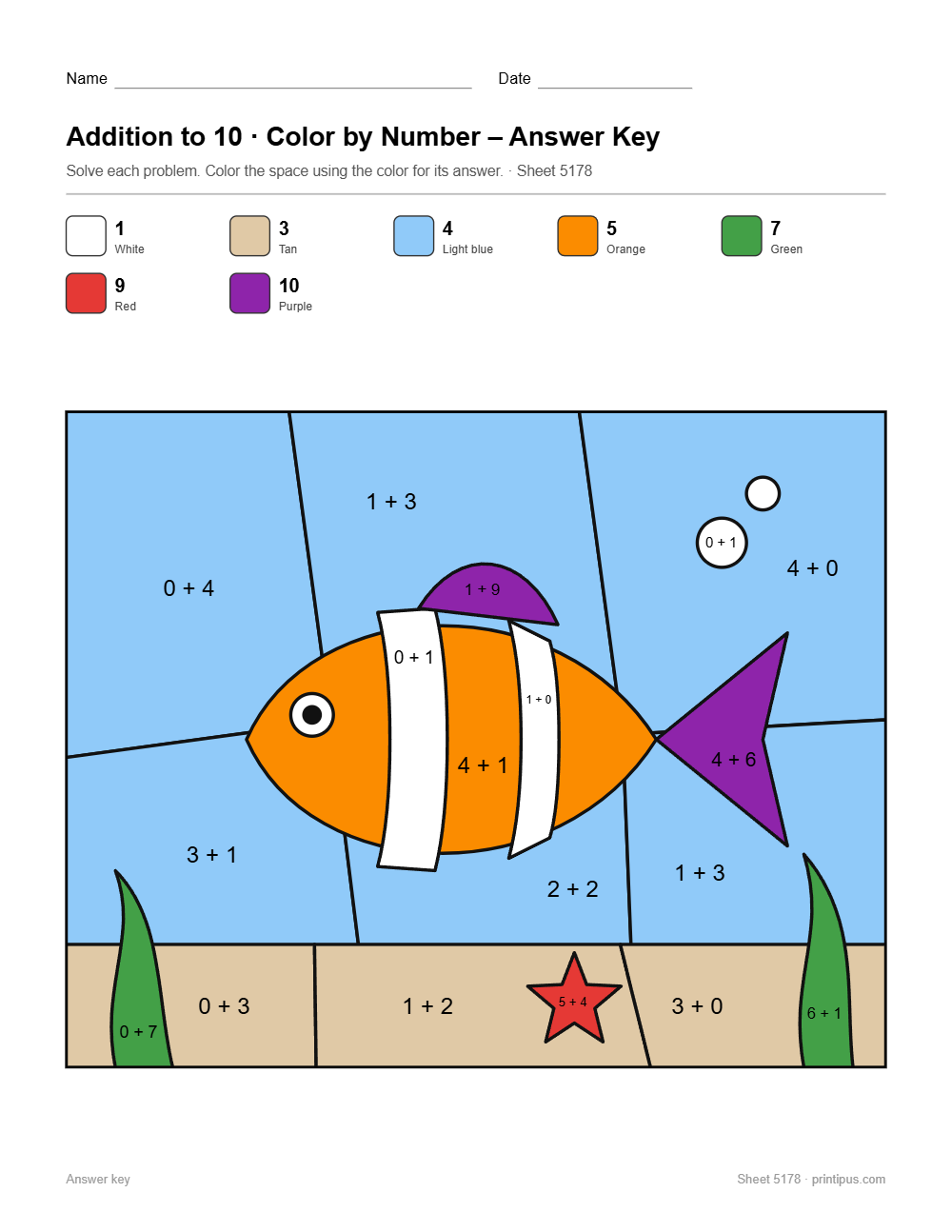 Tropical Fish Addition to 10 Color-by-Number Worksheet answer key