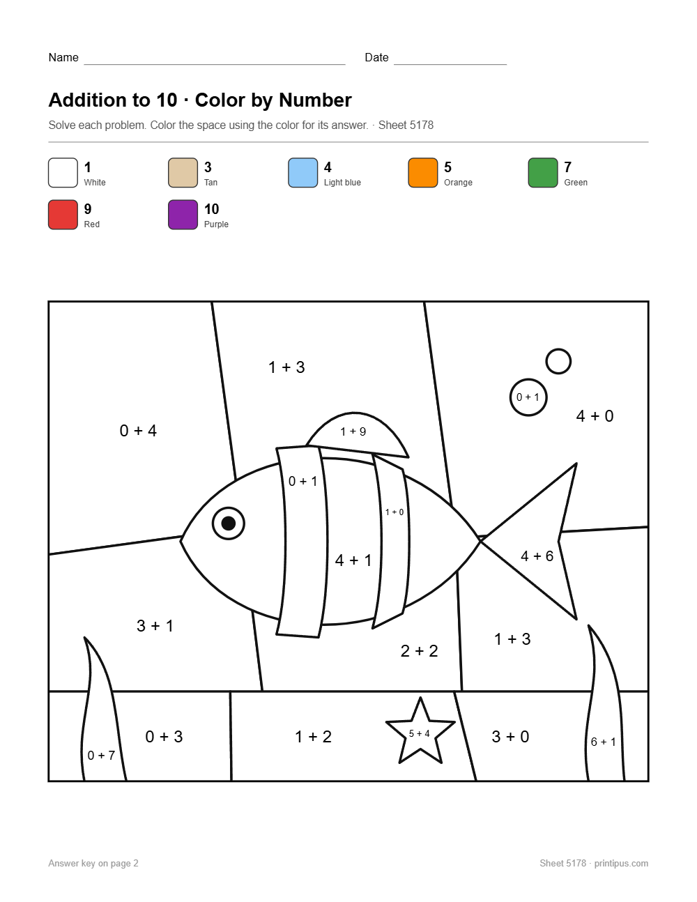 Tropical Fish Addition to 10 Color-by-Number Worksheet