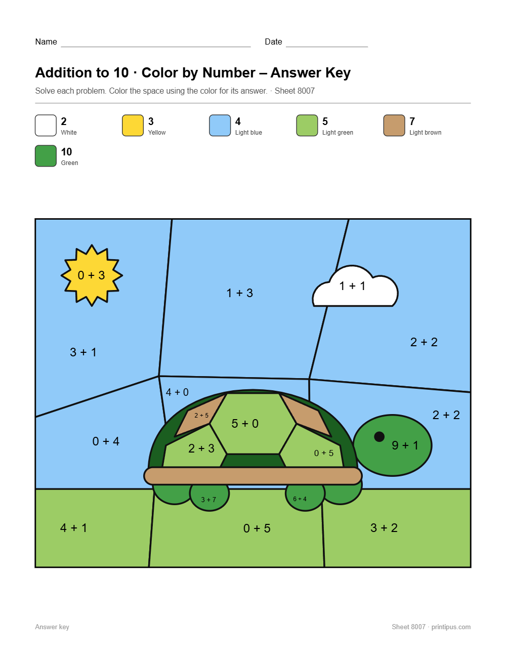 Turtle Addition to 10 Color-by-Number Worksheet answer key