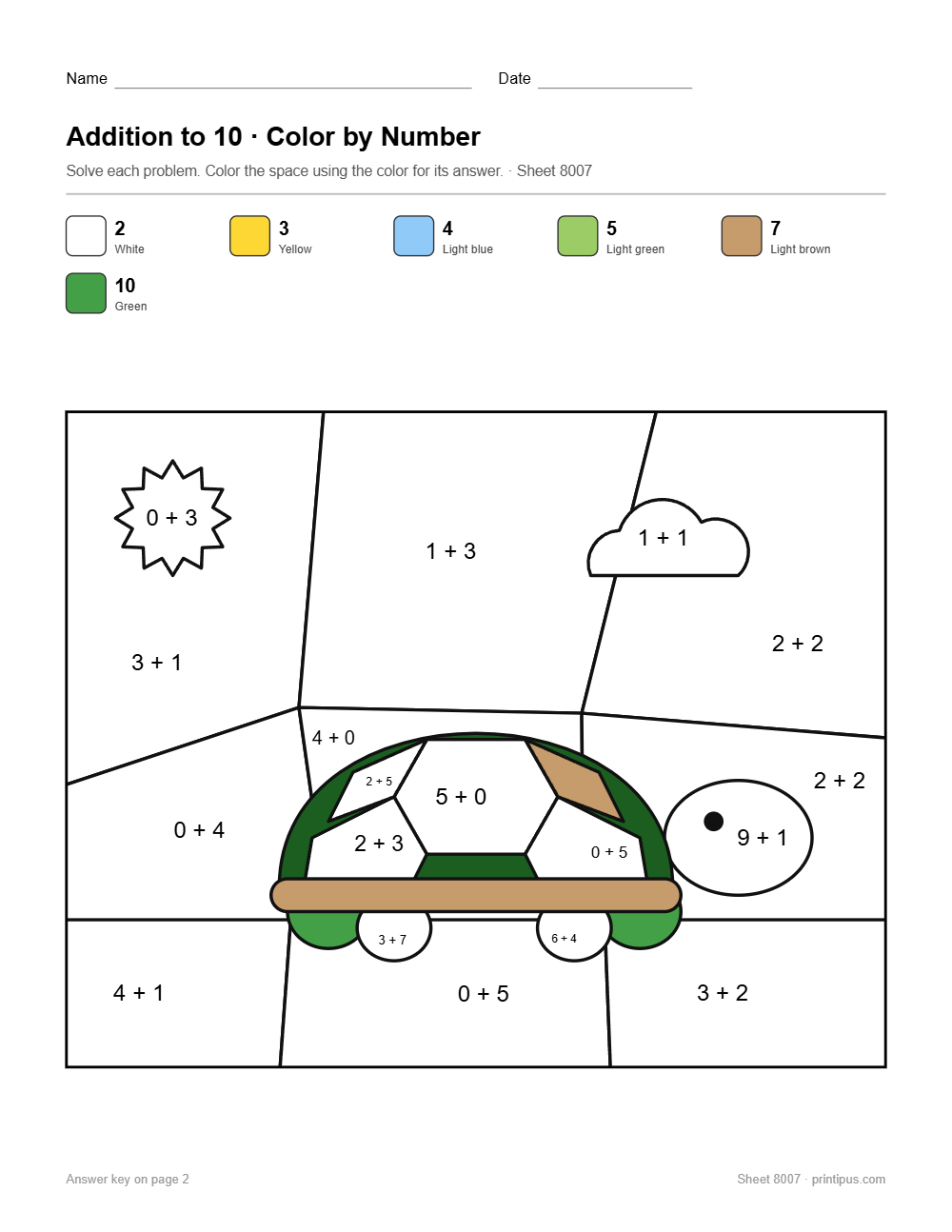 Turtle Addition to 10 Color-by-Number Worksheet