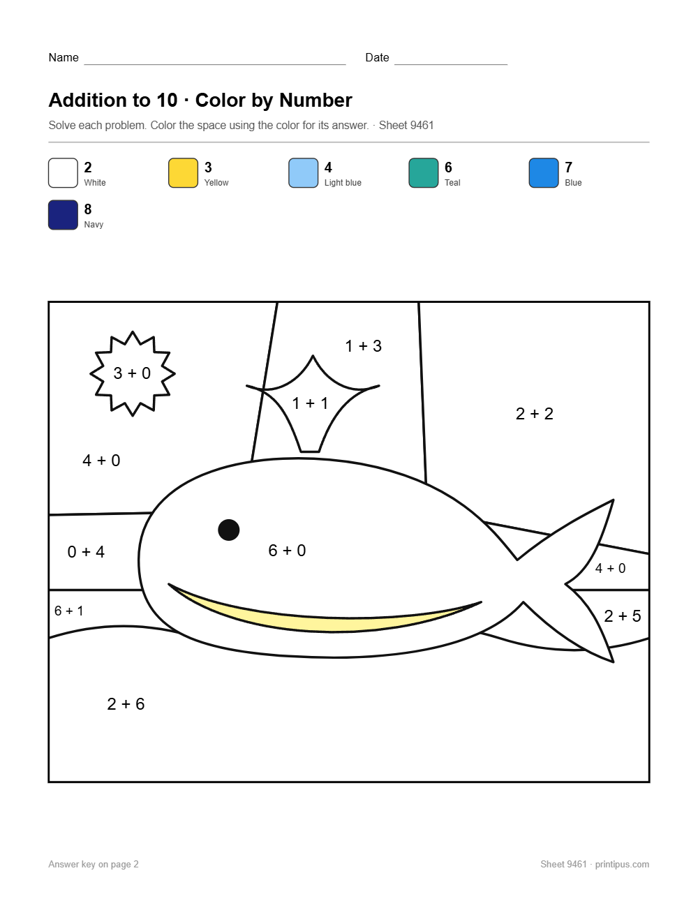 Whale Addition to 10 Color-by-Number Worksheet
